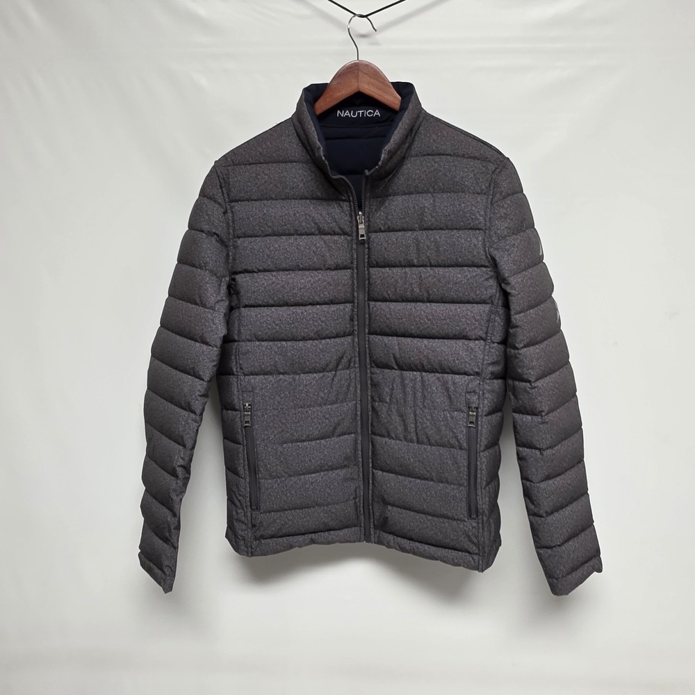 Nautica Reversible Puffer Coat Jacket - Gray and Navy Medium M 27x22 READ